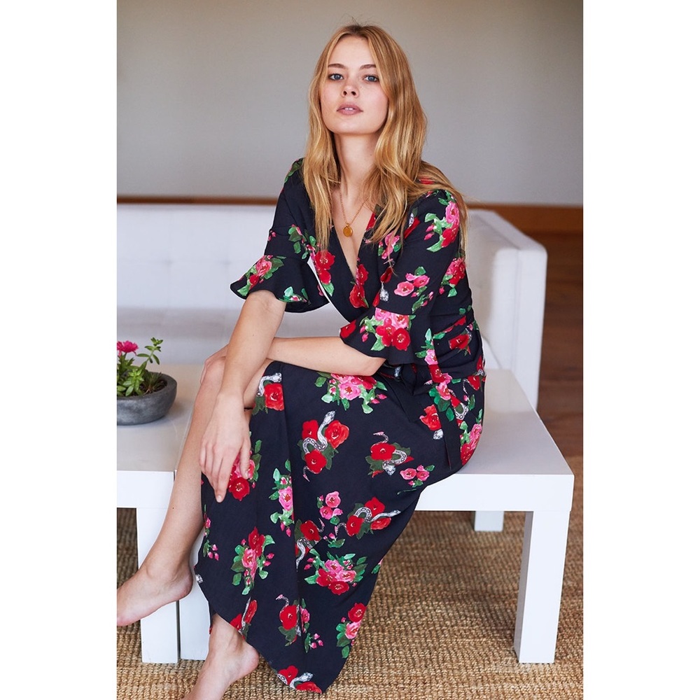 Emerson Fry Black Maxi Dress with Red and Pink Floral Print